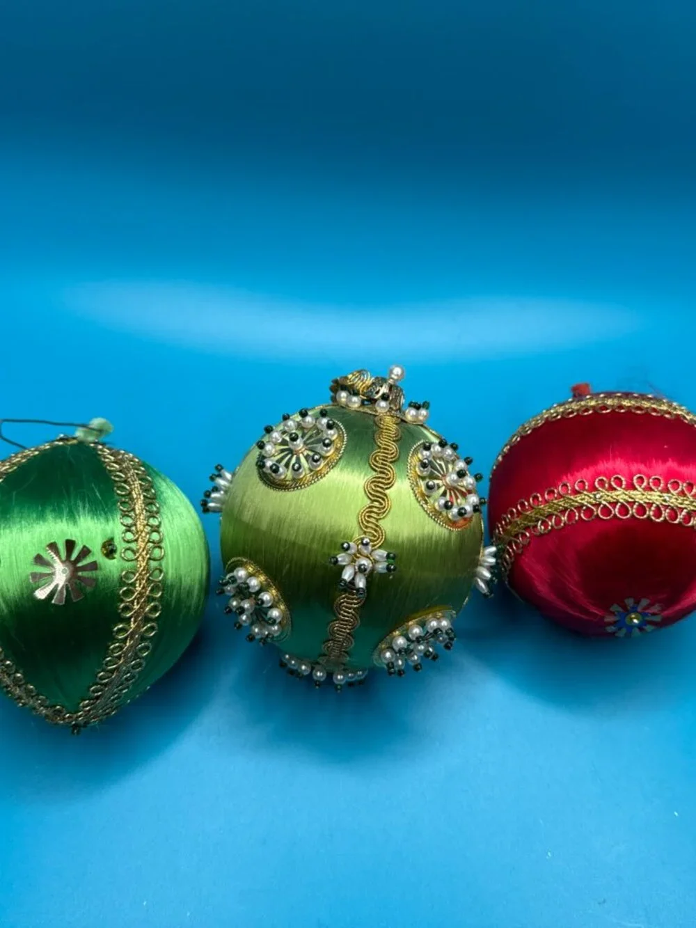VTG Lot of 3 Push Pin Satin Beaded Jeweled Bulb Christmas Ornaments Red & Green
